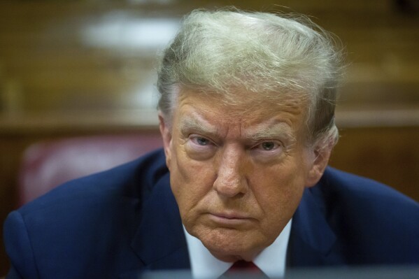  Former President Donald Trump attends trial for jury selection at Manhattan Criminal Court on Monday, April 15, 2024 in New York City. (Michael Nagle/The New York Post via AP, Pool)